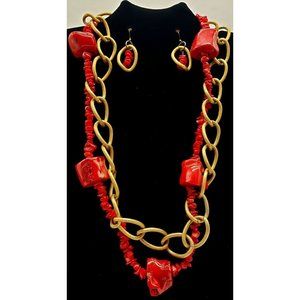 Red Coral Gold Tone Chain Beaded Necklace Earring Set